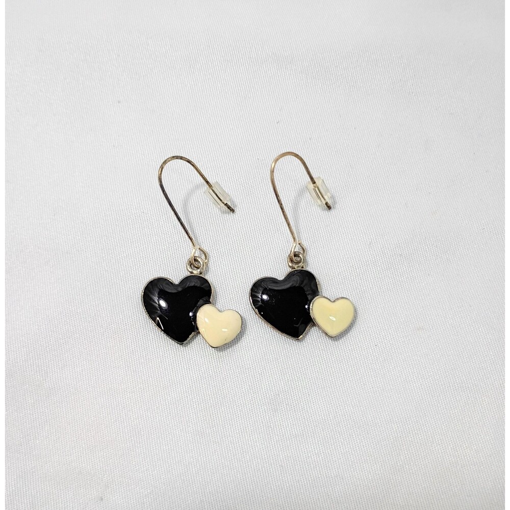 Vintage Jordache Black and White Heart Drop Earrings NIP